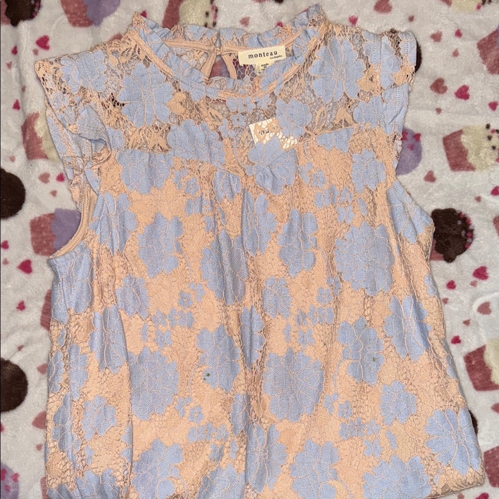 Floral Lace Sleeveless Top - Blue and Tan